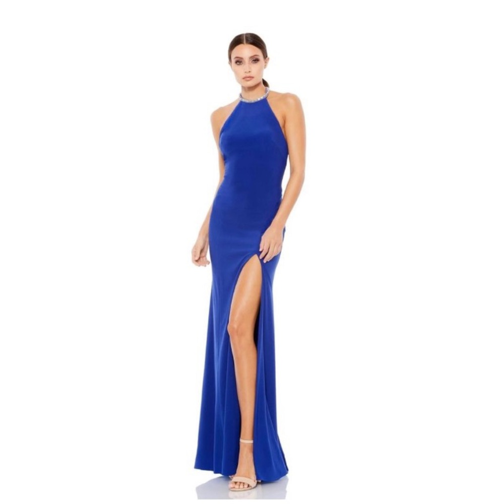 Mac Duggal Royal Blue 
Beaded Halter Neck Trumpet Gown